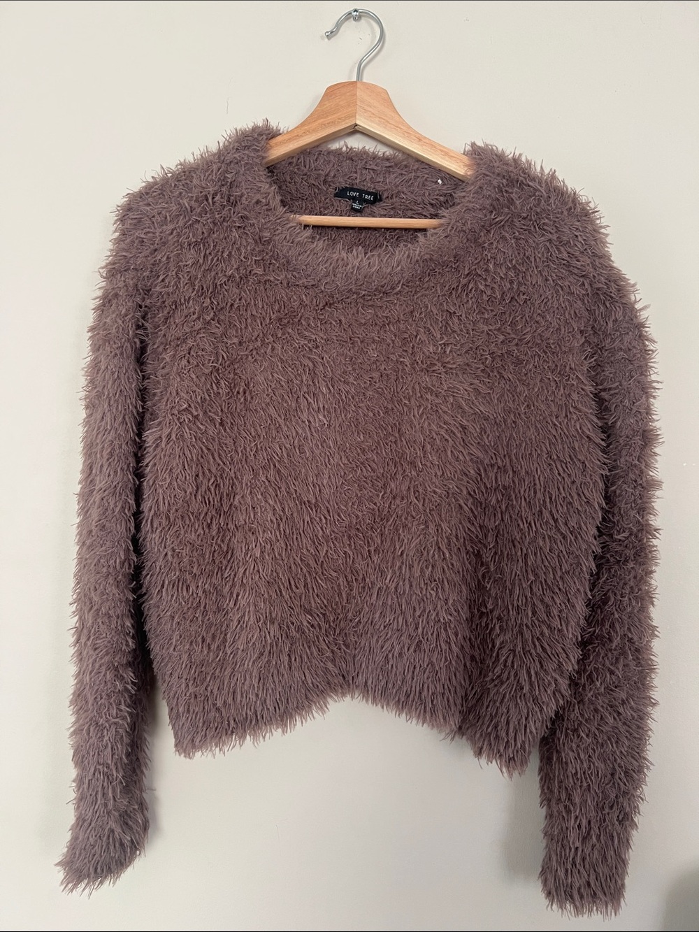 Love Tree Plush Fuzzy Crewneck Sweater - Mauve Brown